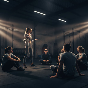 Coach Meera briefing a small group on breathing