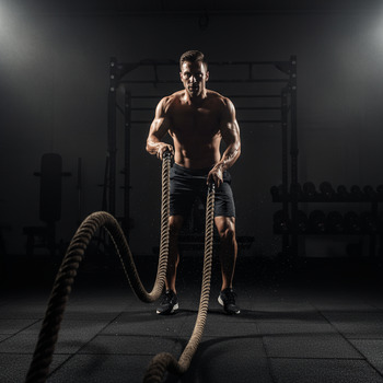 Athlete working battle ropes for conditioning