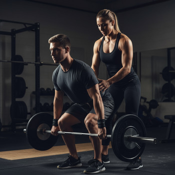 Coach cueing a conventional deadlift with flat back and tight lats