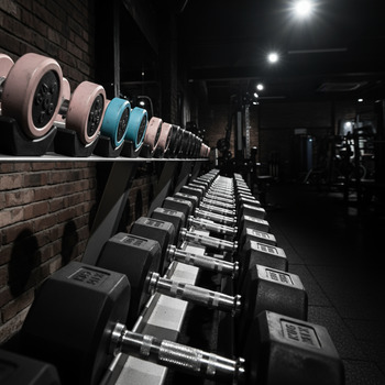 Hex dumbbells organized by weight on steel racks