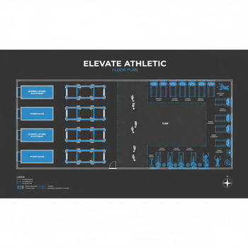 Elevate Athletic floor plan showing platforms, racks, turf and cardio