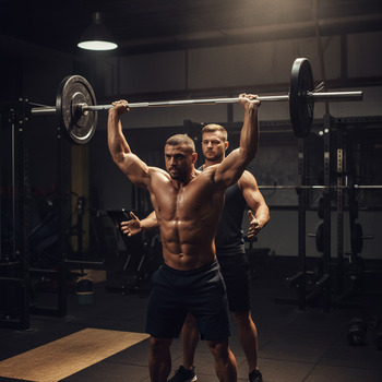 Athlete performing a controlled push press with spotter