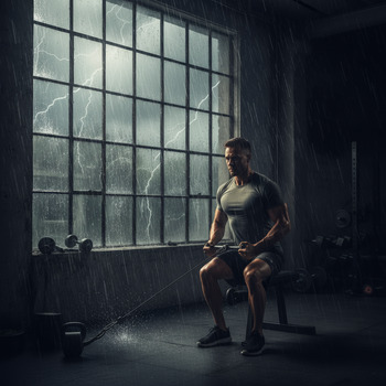 Athlete doing rows indoors while rain pours outside the window