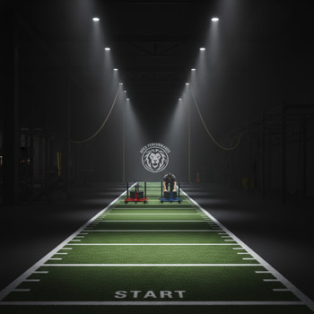 Indoor turf lane with distance markers for sled work