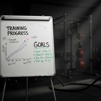 Gym whiteboard showing week-by-week training notes