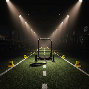 Turf lane with sled and distance markers ready for drives