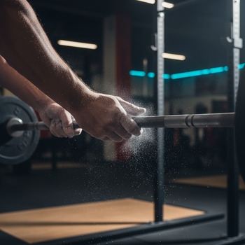 Athlete brushing chalk off the bar after a set
