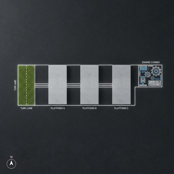 Compact floor plan showing platforms, turf lane and engine corner