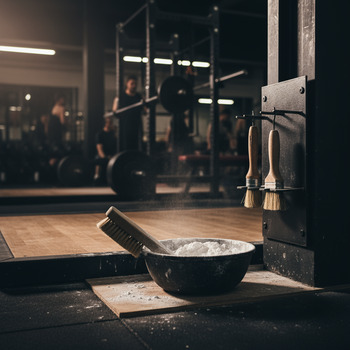 Chalk bowl and brush station beside the platform