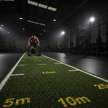 Sled lane with distance markers on turf