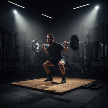 Controlled three-rep back squat set on a platform