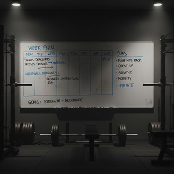 Whiteboard with week plan and cues